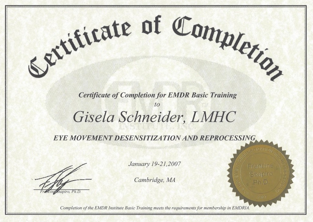 Gisela Schneider MA, EMDR Zertifikat, EMDR Institute Dr. Francine Shapiro